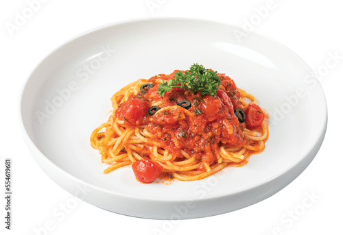 Png Spaghetti with tomato on a white plate.
