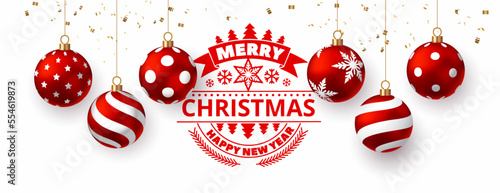 Christmas red balls with lettering stamp and serpentine in white background . Vector illustration