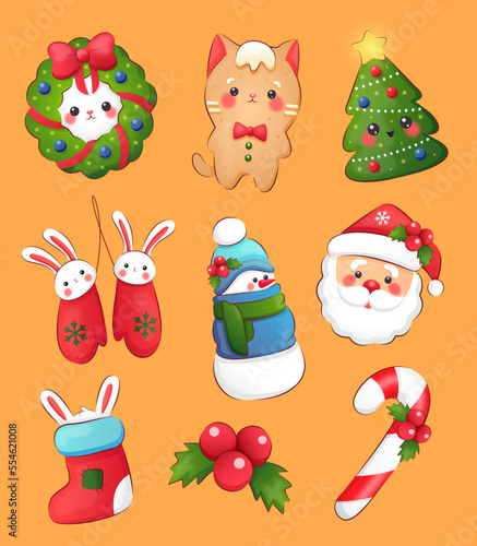 Christmas and New Year holiday collection. Christmas stickers with funny Christmas symbols characters on a orange background. Merry Christmas and Happy New Year!
