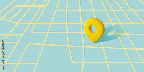 Locator mark on city map shows destination, address, geo position, gps coordinates. 3d pin icon placed on street crossroads as direction point.