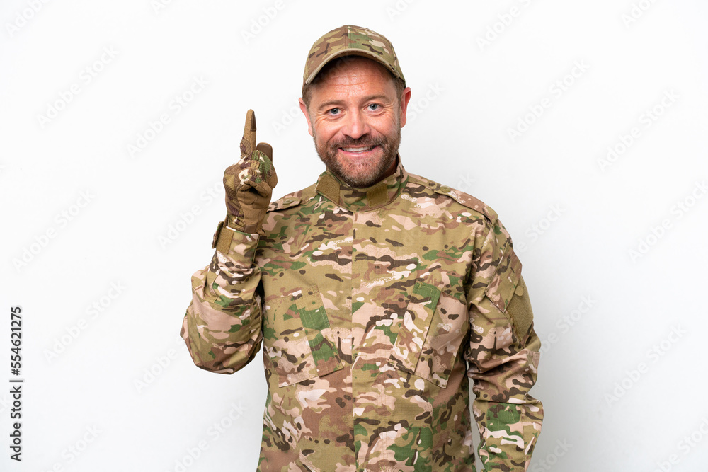 Military man isolated on white background pointing with the index finger a great idea Military man isolated on white background pointing with the index finger a great idea