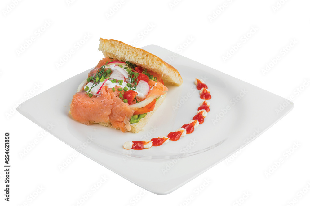 Png Smoked salmon focaccia with cheese spread on the bread, put on a white plate Png Smoked salmon focaccia with cheese spread on the bread, put on a white plate