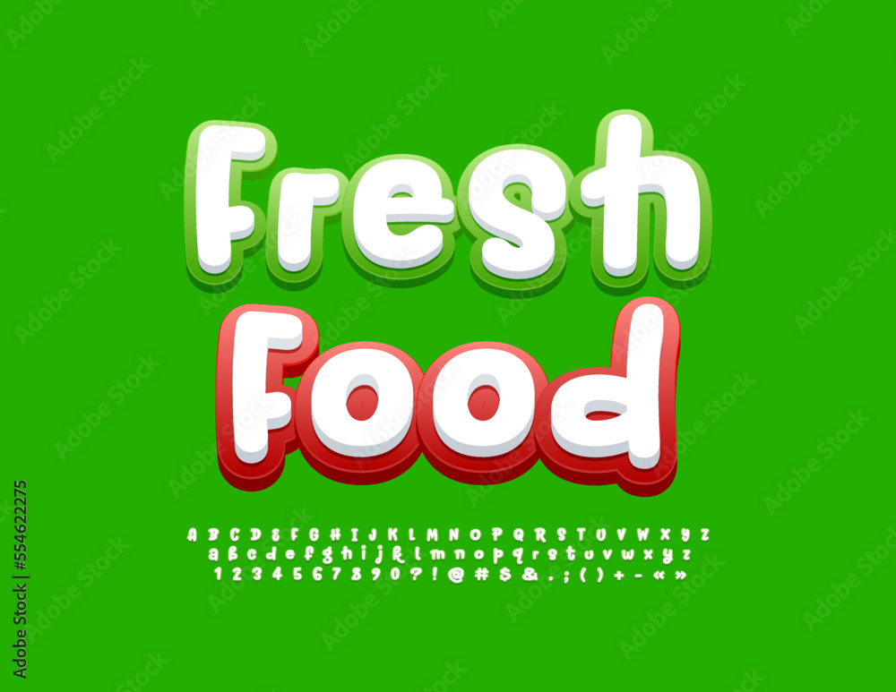 Vector creative Poster Fresh Food with artistic Font. Modern set of Alphabet Letters and Numbers Vector creative Poster Fresh Food with artistic Font. Modern set of Alphabet Letters and Numbers