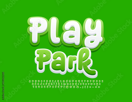 Vector creative banner Play Park. Funny Green 3D Font. Artistic Alphabet Letters and Numbers