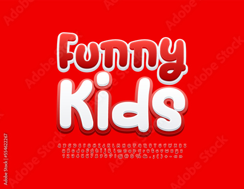 Vector playful logo Funny Kids. Red and White 3D Font. Creative set of Alphabet Letters, Numbers and Symbols