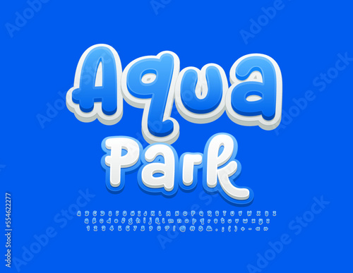Vector playful logo Aqua Park. Funny Blue 3D Font. Creative Alphabet Letters and Numbers set