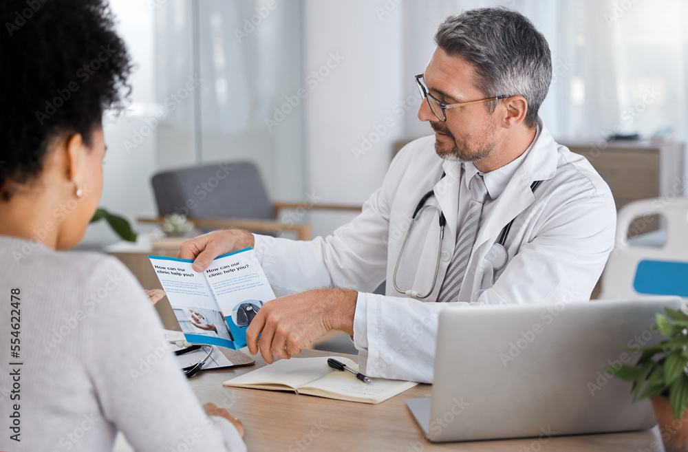 Consulting, brochure and help with doctor and woman in office for life insurance, medical and safety. Results, support and advice with patient listening to healthcare worker for learning in checkup Consulting, brochure and help with doctor and woman in office for life insurance, medical and safety. Results, support and advice with patient listening to healthcare worker for learning in checkup