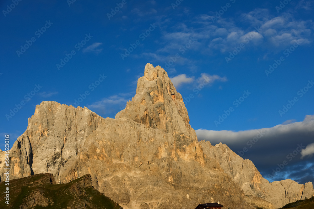 DOLOMITES mountain range in the Italian Alps in summer at sunset