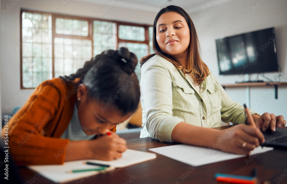 Homeschool, girl with homework or mother writing, learning or studying in house. Mama watch daughter write in notebook, remote and happy working from home, relax or focus on notebook and freelancer Homeschool, girl with homework or mother writing, learning or studying in house. Mama watch daughter write in notebook, remote and happy working from home, relax or focus on notebook and freelancer