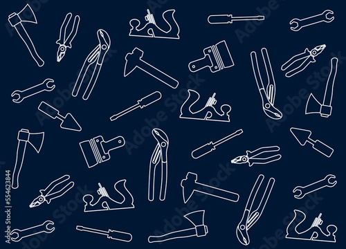Set of banners with working tools pattern for home repair, handyman, building, construction, renovation. Сoncept illustration set, for banner, landing page, mobile app. Dark blue background. EPS10.