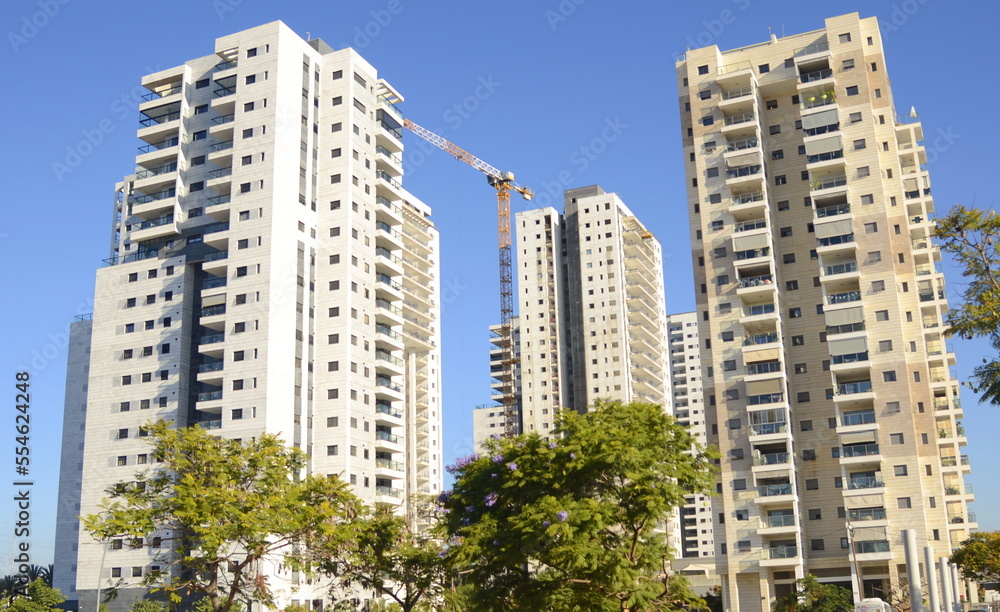 Modern high-rise residential buildings under blue sky. Tree with orange fruits  in the foreground. Construction crane. Concept: a pleasant place to live, a real estate agency, investment. Copy spase