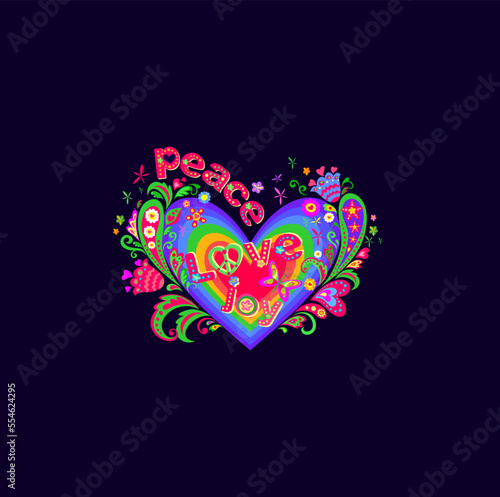 Hippie vivid print with colorful heart shape  flowers and peace  love and joy words on dark background for textile design
