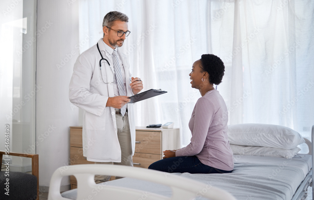 Consulting, medical and doctor with black woman in hospital for checklist, examination and therapy. Appointment, interview and help with healthcare worker listening to patient for physician checkup Consulting, medical and doctor with black woman in hospital for checklist, examination and therapy. Appointment, interview and help with healthcare worker listening to patient for physician checkup