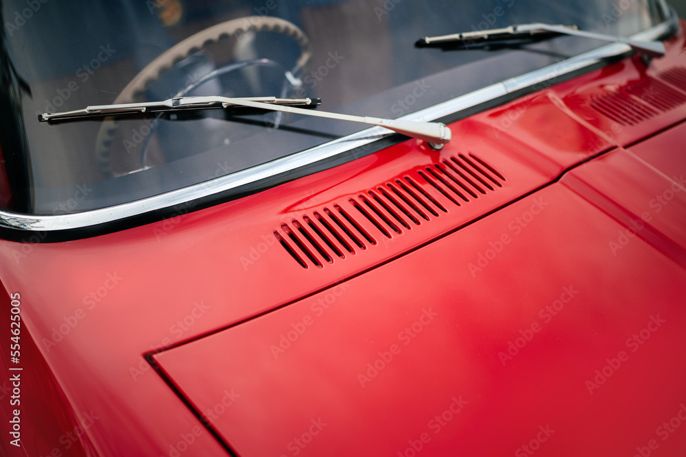 Naklejka premium Red car hood windshield and glass cleaning brushes 