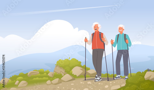 Seniors on hiking. Mature man and woman with backpacks and sticks climb the mountain. Happy elderly couple is engaged in active recreation
