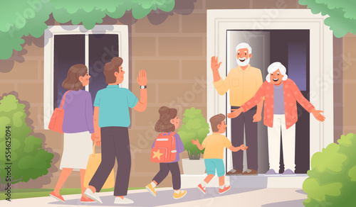 Visit of grandchildren to grandparents. Meeting of parents with children at home. Grandson runs to hug grandmother. Grandpa greets family