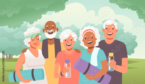 Group of happy elderly people. Seniors do yoga or fitness outdoors