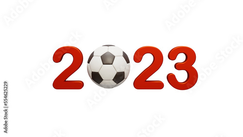 2023 new year 3d rendering of 2023 red 3d text with soccer ball on white background, PNG transparent