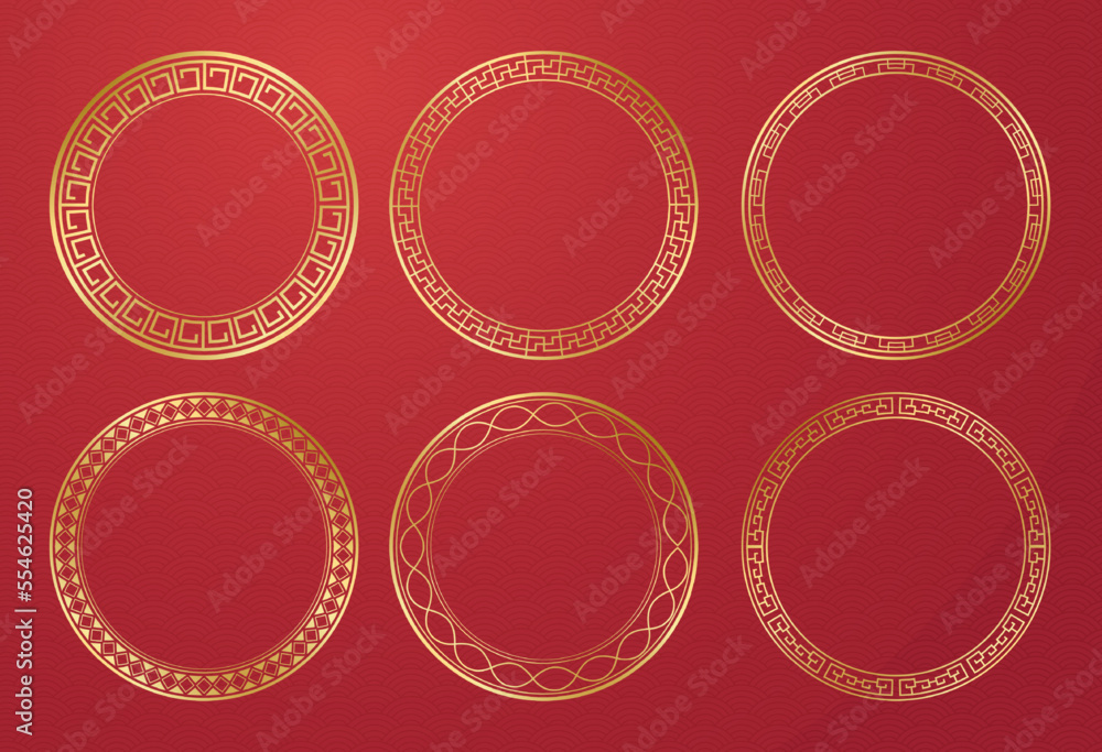 Collection Set vector decorative Traditional circle golden border round frame embellishment to celebrate Chinese new year festival. floral meander pattern Oriental Asian line pattern ornament style. Collection Set vector decorative Traditional circle golden border round frame embellishment to celebrate Chinese new year festival. floral meander pattern Oriental Asian line pattern ornament style.