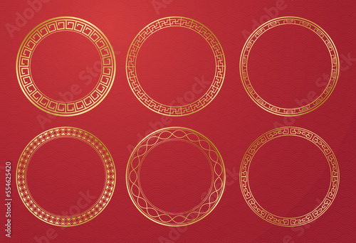 Collection Set vector decorative Traditional circle golden border round frame embellishment to celebrate Chinese new year festival. floral meander pattern Oriental Asian line pattern ornament style.