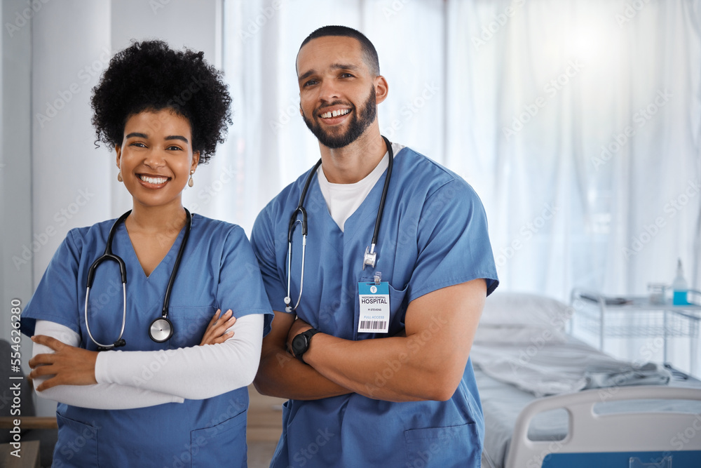 Doctor, portrait smile and arms crossed at hospital with vision for healthcare, phd or cardiology team. Happy medical experts standing in confidence for teamwork, health checkup or medicare at clinic - obrazy, fototapety, plakaty 