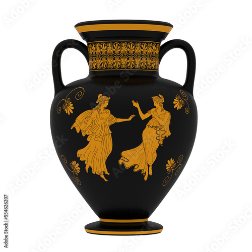 Ancient Greek black vase with a meander ornament and pattern two dancing women isolated on a white background. 3d render