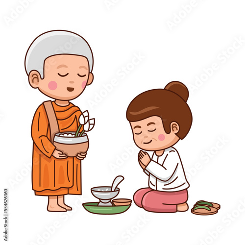 Cartoon Thai monk receives food donated by a woman, Vector