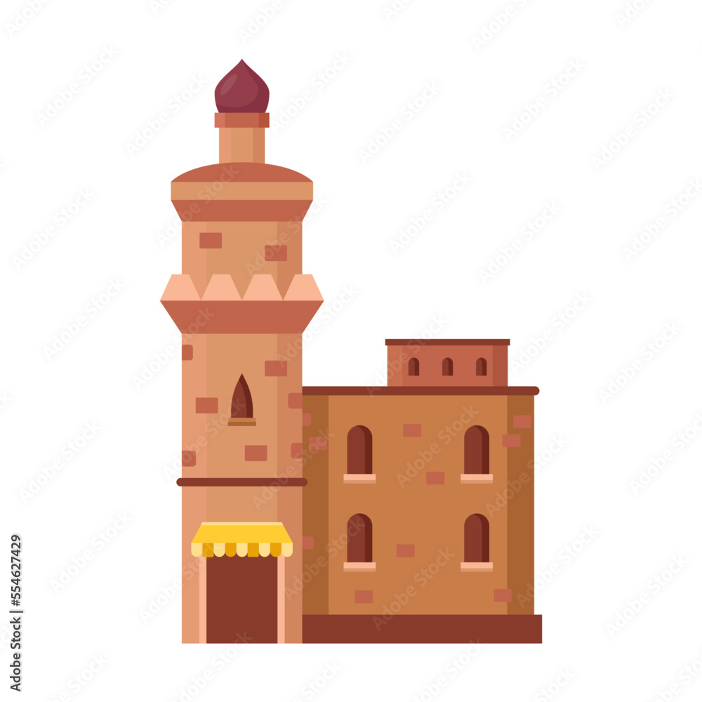 Arabian city vector illustration. Cartoon drawing of old or ancient Islamic or Muslim castle for Arab village or town on white background