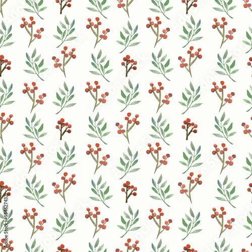 Seamless pattern with twigs and red berries, green, small leaves on a white background. Simple, Scandinavian design forest plants, watercolor illustration.