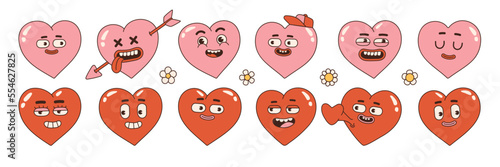 Groovy lovely hearts stickers. Love concept. Happy Valentines day. Funky happy heart character in trendy retro 60s 70s cartoon style. Vector illustration in pink red colors.