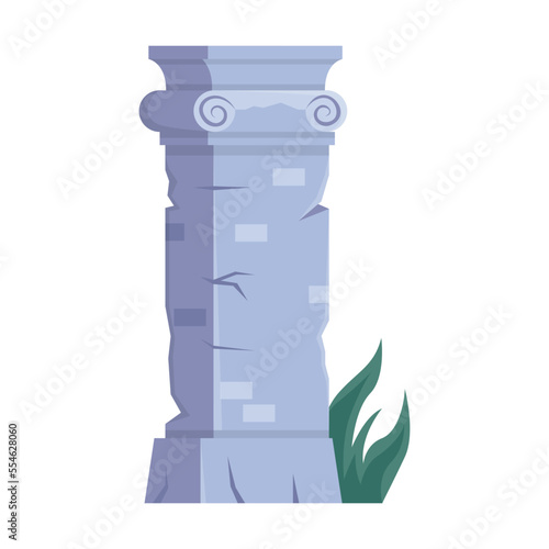 Ancient Column vector illustration. Stone building or monument of lost city underwater at bottom of ocean isolated on white background. Architecture concept