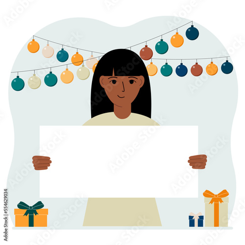 Holiday concept with garland, gift boxes and poster. A woman smiles, rejoices and celebrates a birthday, a festive event, a victory, an achievement or a holiday.