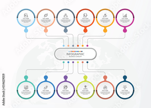 Process infographic with 12 steps, process or options.