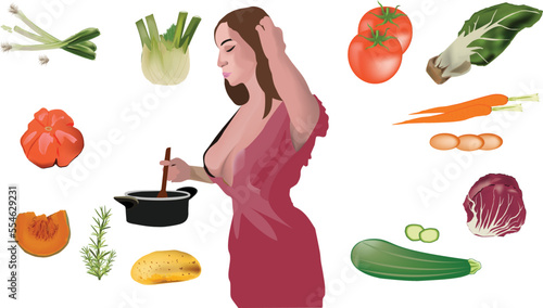 housewife in the kitchen with various vegetables-