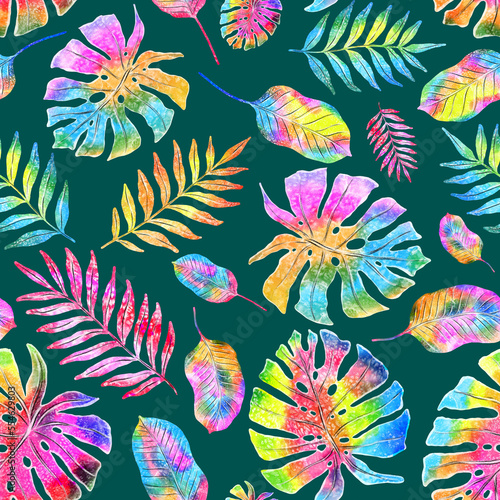 Watercolor seamless pattern with colorful abstract tropical leaves. Bright su...