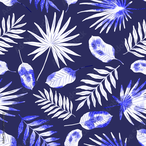 Watercolor seamless pattern with colorful abstract tropical leaves. Bright su...