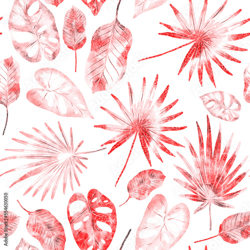 Watercolor seamless pattern with colorful abstract tropical leaves. Bright su...