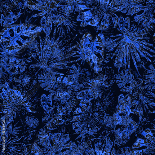 Watercolor seamless pattern with colorful abstract tropical leaves. Bright su...