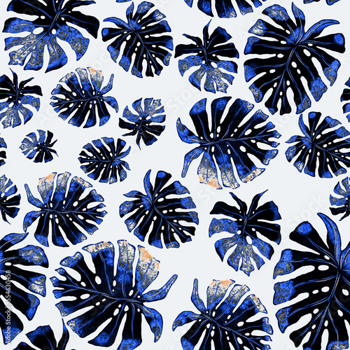 Watercolor seamless pattern with colorful abstract tropical leaves. Bright su...