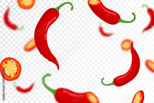 Chili pepper background. Flying or falling chili pepper isolated on transparent background. Can be used for advertising, packaging, banner, poster, print. Flat design. Vector illustration