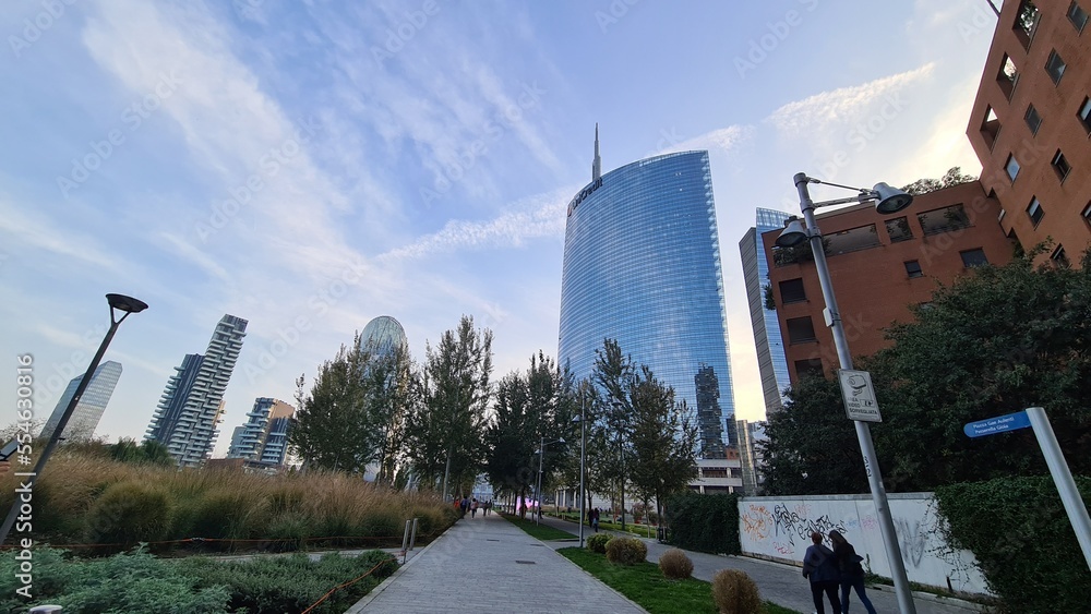 Milan, Italy-October 17, 2022: Beautifull view of the new residence. Solar panels. City of the fashion industry. Modern architecture of residential and business buildings in City Life.