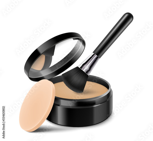 Compact powder with brush and sponge. Round black case with mirror. Cushion face foundation case. 3d vector realistic cosmetics isolated on white background. Mockup for branding and ads.