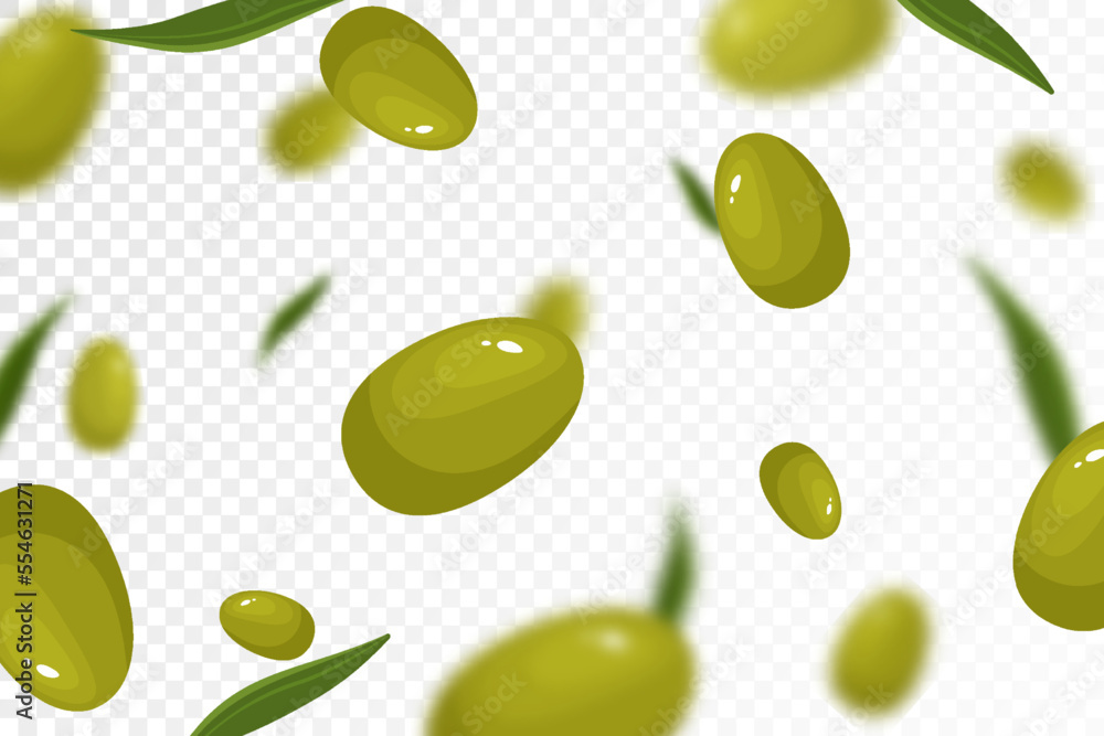 Olives background. Flying or falling olives isolated on transparent background. Can be used for advertising, packaging, banner, poster, print. Flat design. Nature product. Vector illustration Olives background. Flying or falling olives isolated on transparent background. Can be used for advertising, packaging, banner, poster, print. Flat design. Nature product. Vector illustration