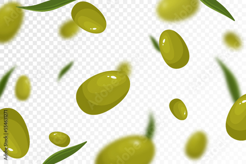 Olives background. Flying or falling olives isolated on transparent background. Can be used for advertising, packaging, banner, poster, print. Flat design. Nature product. Vector illustration