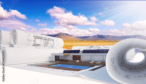 Entwurf eines modernen, energieeffizienten Bungalows mit Swimmingpool (mit mediterranem Bergpanorama im Hintergrund)- 3D Visualisierung