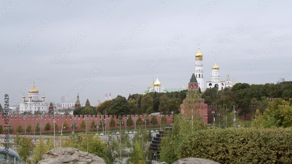 View of the Kremlin wall with towers from the Zaryadye Park, Moscow. View of the Kremlin wall with towers from the Zaryadye Park, Moscow.