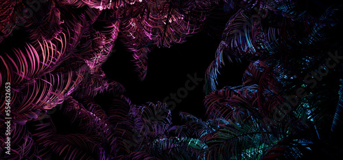 Sci Fi Retro Neon Laser Lights Vibrant Red Purple Blue In Palm Tree Leaves Beach Party Club Empty Space Night Dark Studio Show 3D Rendering