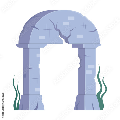 Ancient gates vector illustration. Stone building or monument of lost city underwater at bottom of ocean isolated on white background. Architecture concept