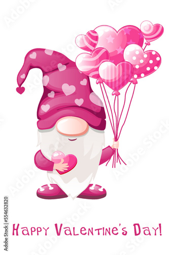 Cartoon Valentines gnome with balloons. Greeting Valentine s day