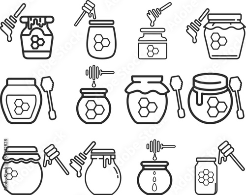 Honey icon set, honey jar icon set black vector